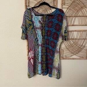 Fei‎ Anthropologie Silk Boho Tunic Top Blouse Colorful Artsy Women's Sz S B45
